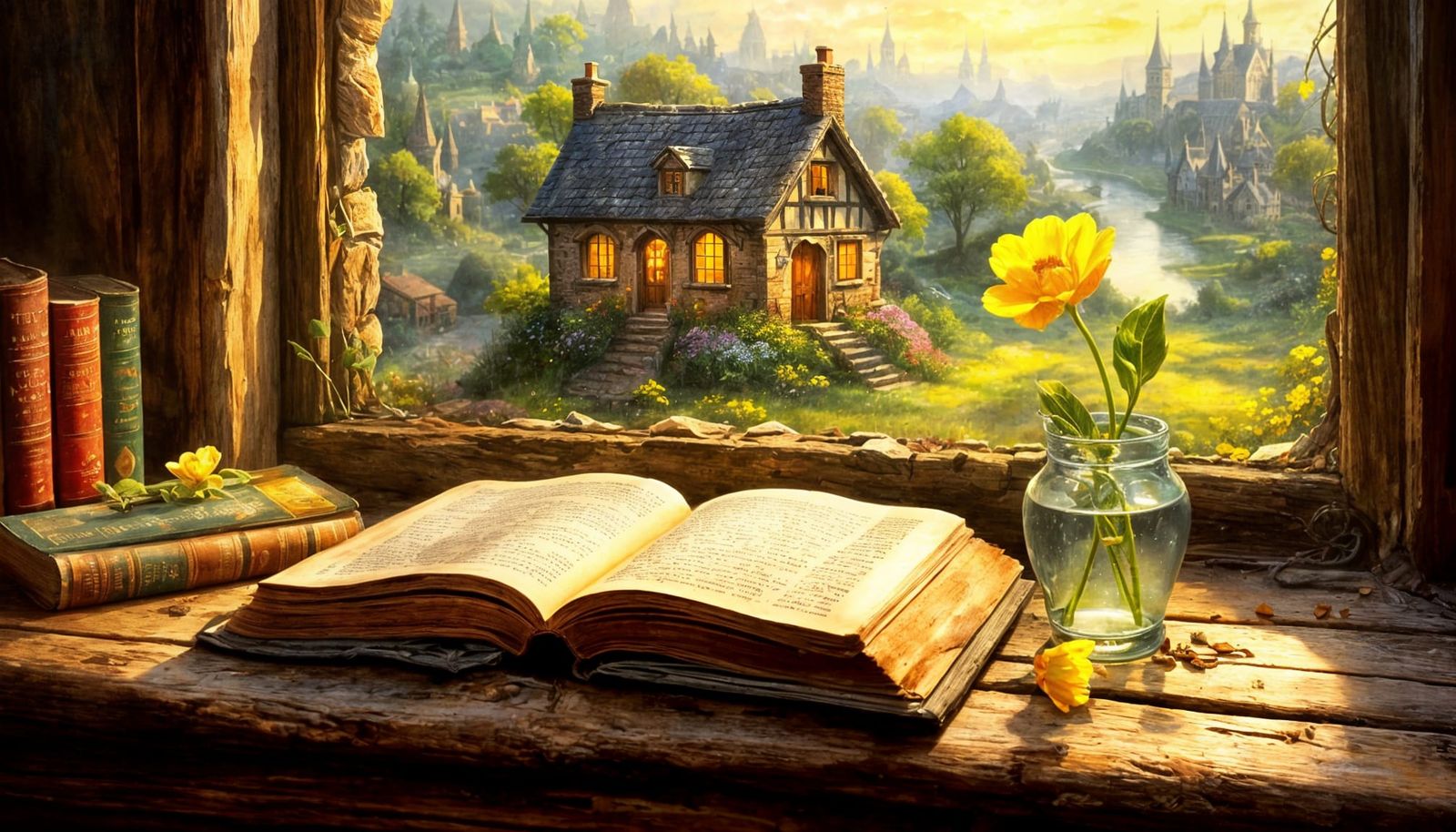 Buttercup Bloom in Fantasy Bookshop, Detailed Impasto Art