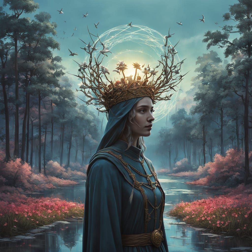 Golden Maiden in Flower Forest River, Doves in Flight at Sun...