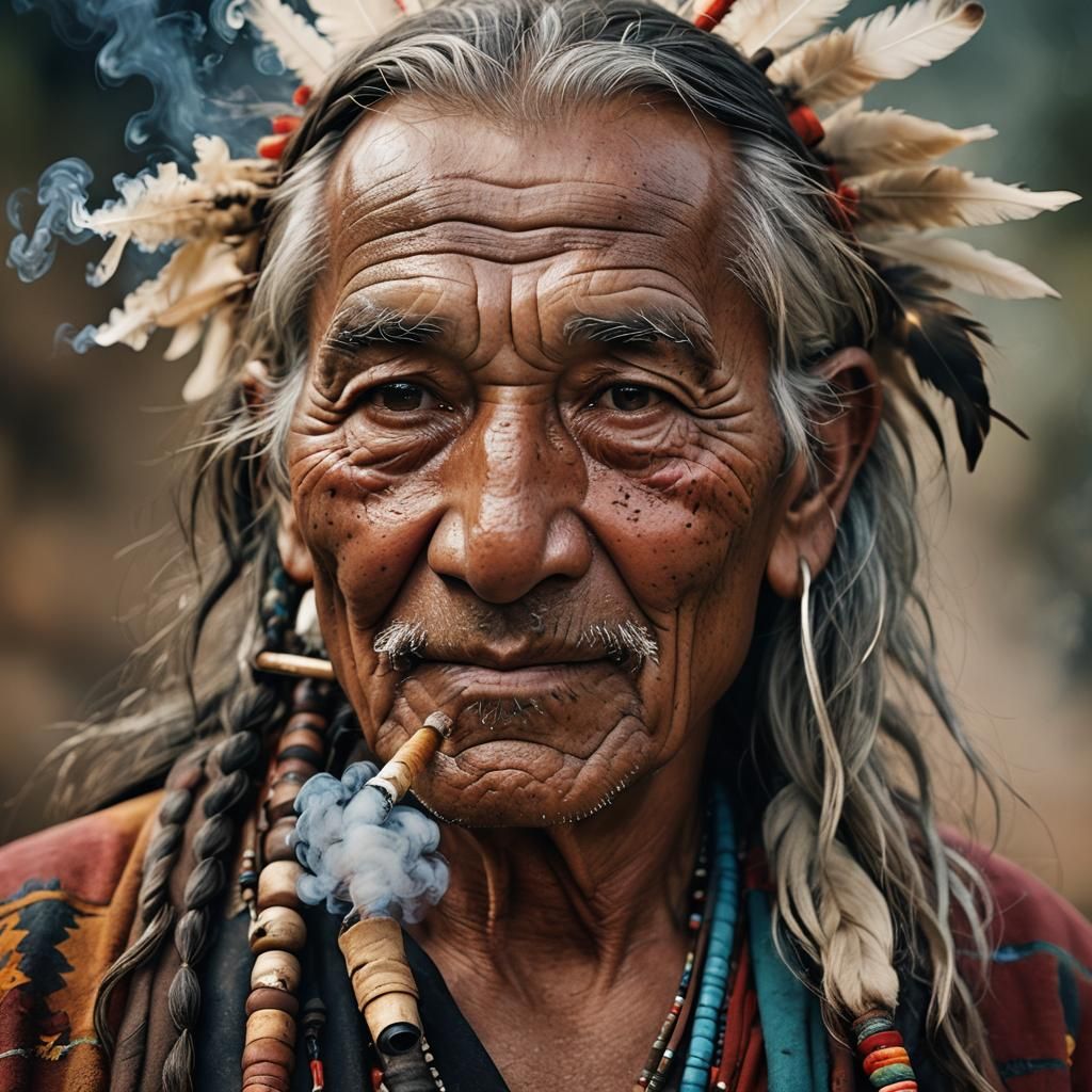 Native American Man Smoking Pipe, Fine Art Portrait