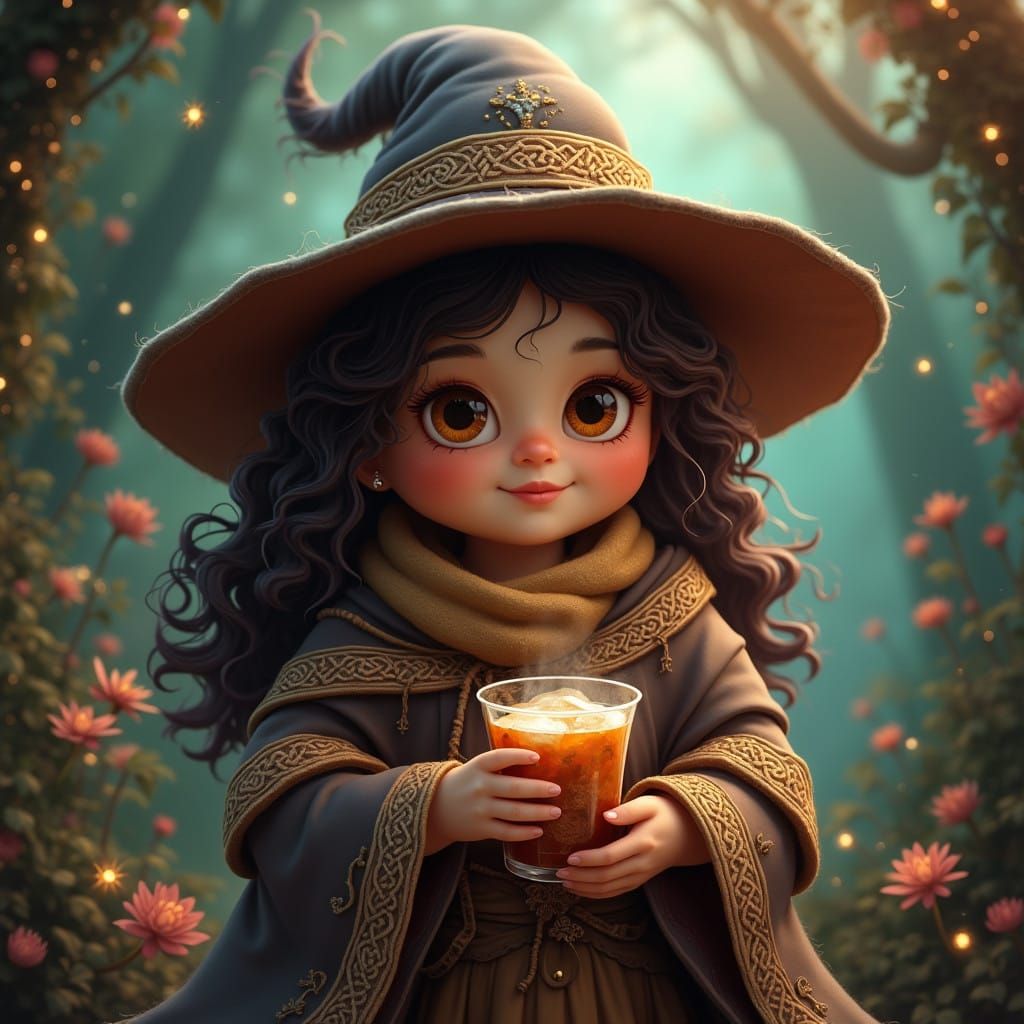 Whimsical Witch Surrounded by Enchanted Forest