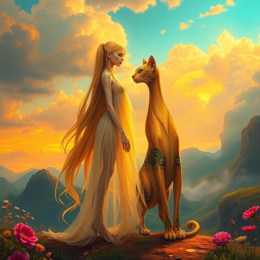 Ethereal Humanoid Figure with Feline Companion