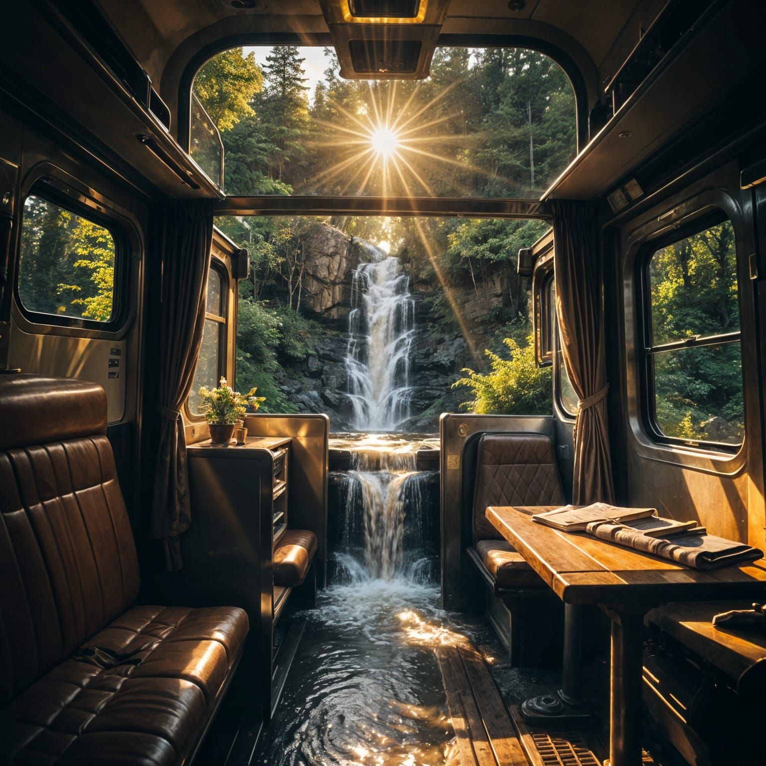 Waterfall Oasis: Train Cabin at Golden Hour