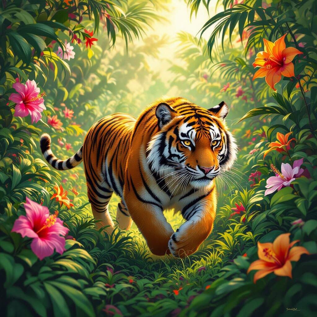Tiger in Floral Jungle, Digital Art Style