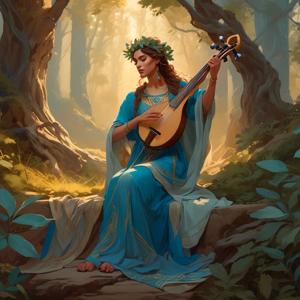 Blue Fairy with Lyre in Forest, Oil Painting