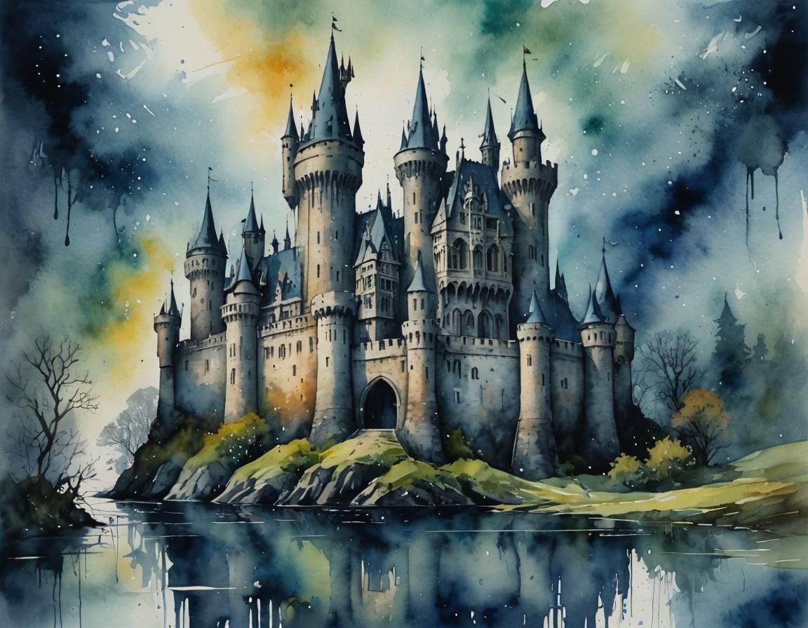 Mystical Watercolor Castle with Dripping Paint