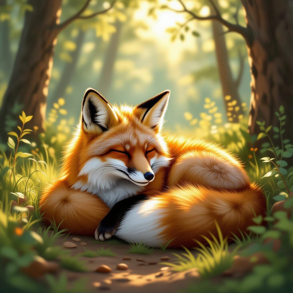 Fox Sleeping in Forest Clearing: Digital Painting