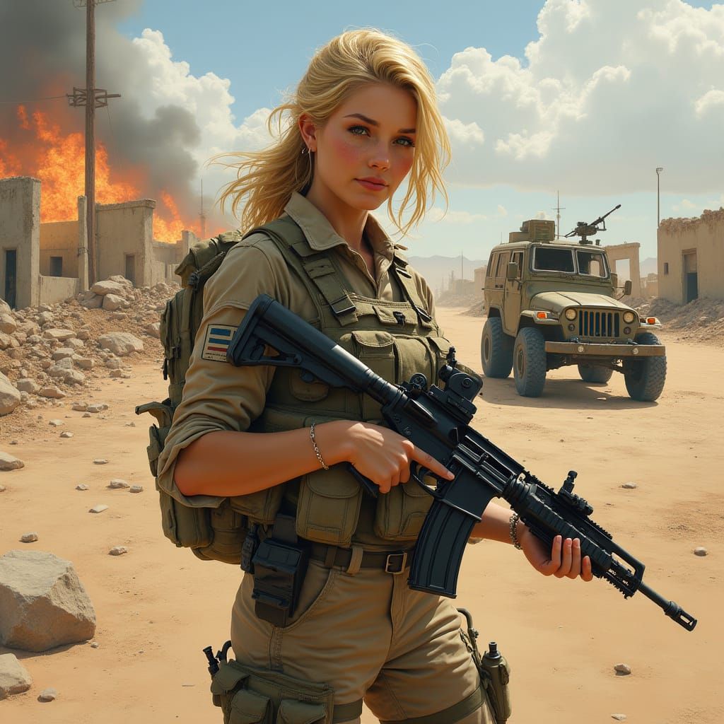 American Soldier in Desert Ruins, Hyperrealistic Style