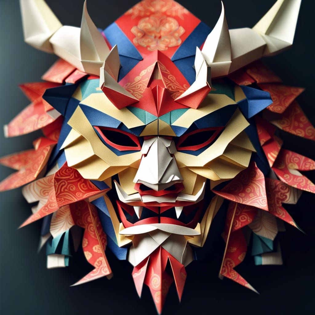 Elegant Origami Oni Mask: Detailed Photography