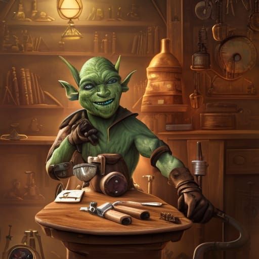 Steampunk Goblin Bashes Smartphone in Fantasy Workshop
