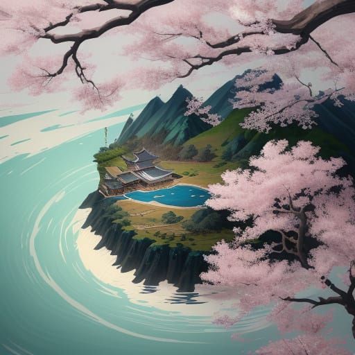 Ferret Samurai Meditating on Floating Peak in Ukiyo-e Style