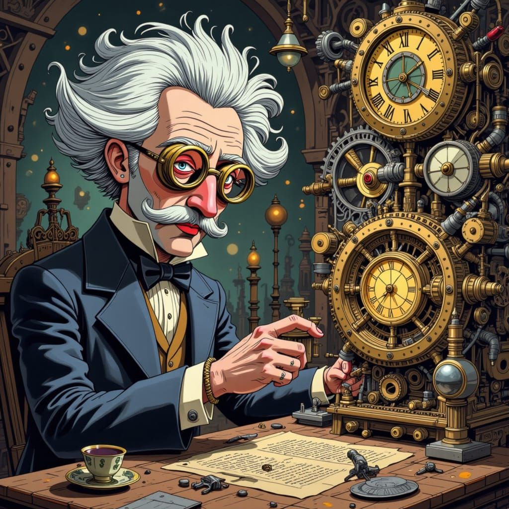 Inventor Tinkers with Steampunk Contraption in Dynamic Anime...