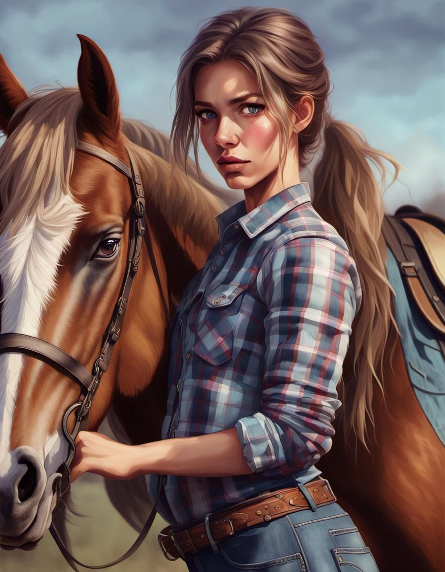 Confident Woman Ready to Ride Horse: Hyperdetailed Portrait