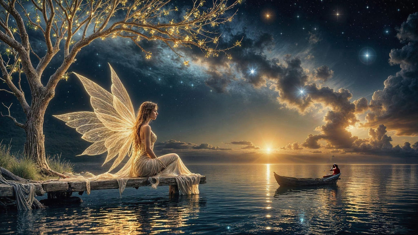 Magical Fairy on Pier with Galaxy Sky
