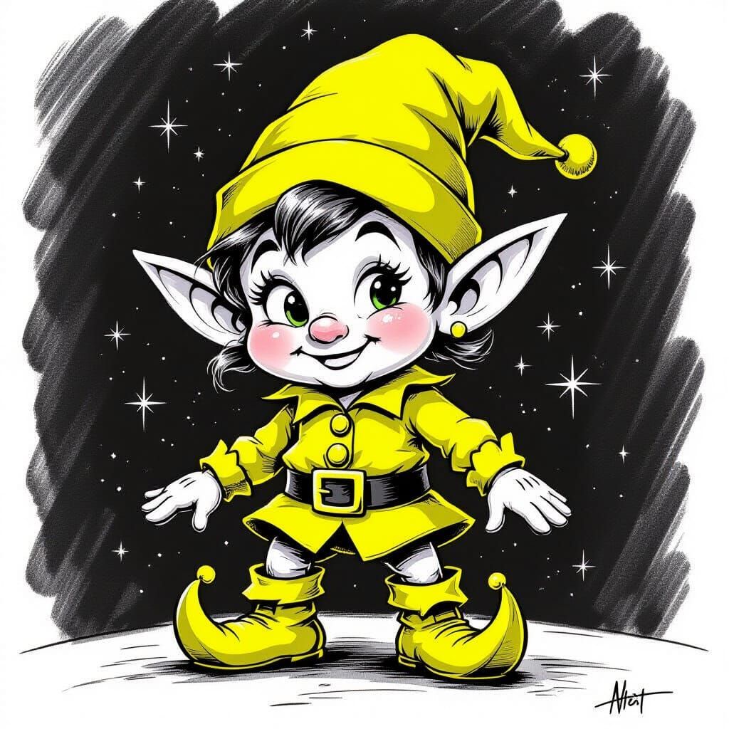 Whimsical Christmas Elf in Neon Yellow Charcoal Art