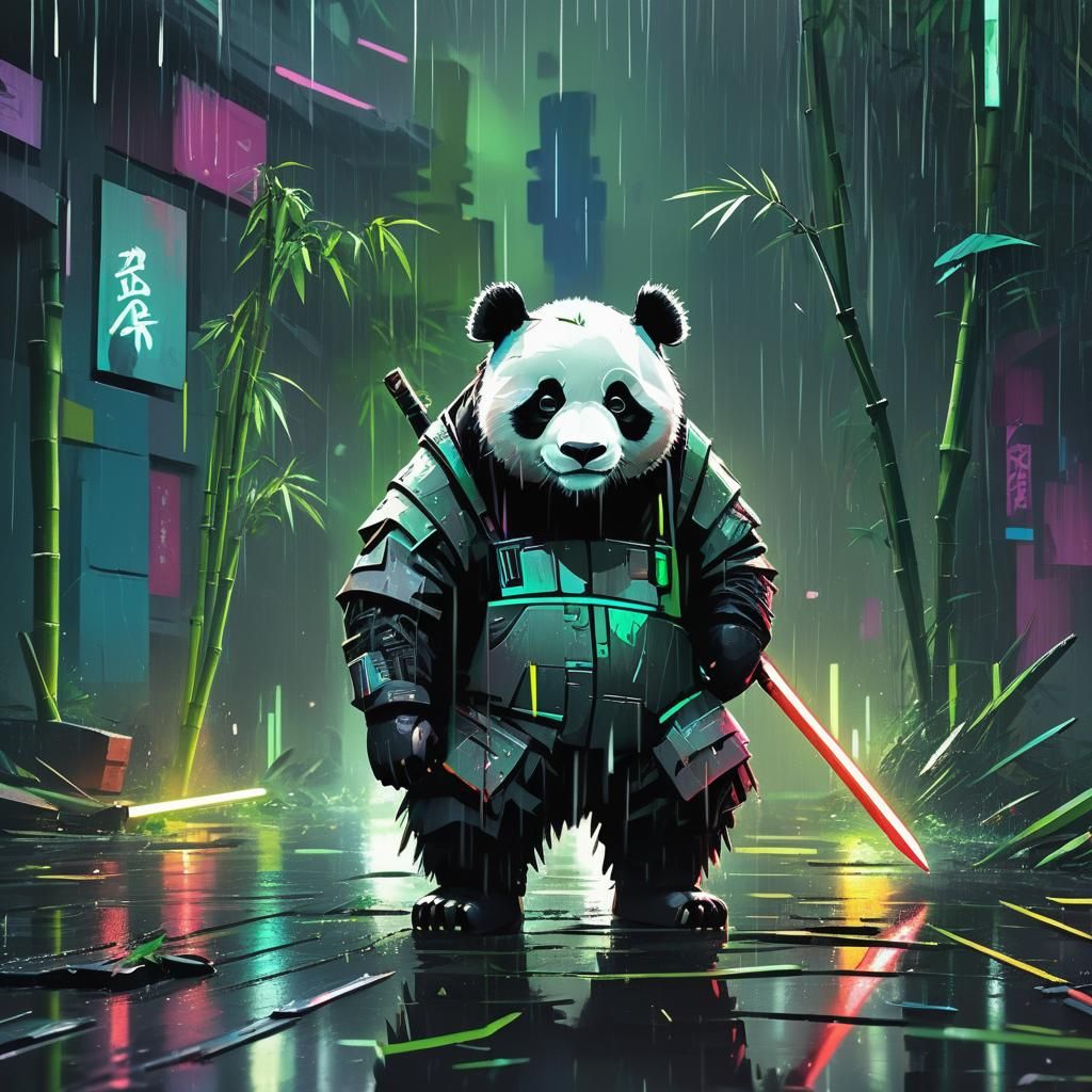 Cyberpunk Panda Warrior in Rainy Bamboo Forest