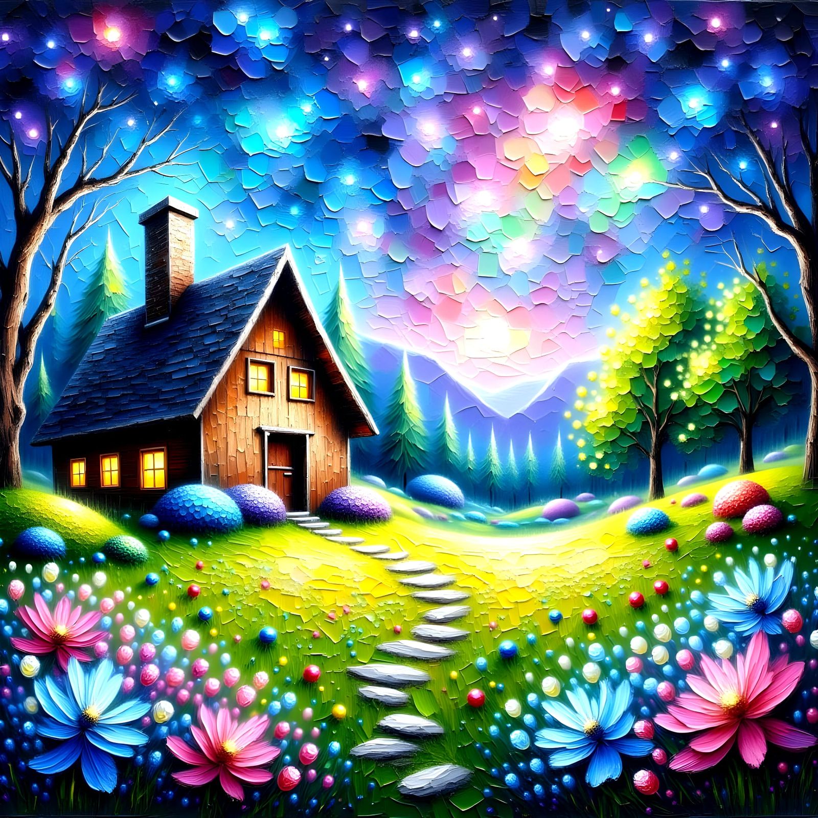 Tiny Houses in Whimsical Romantic Oil Painting Style