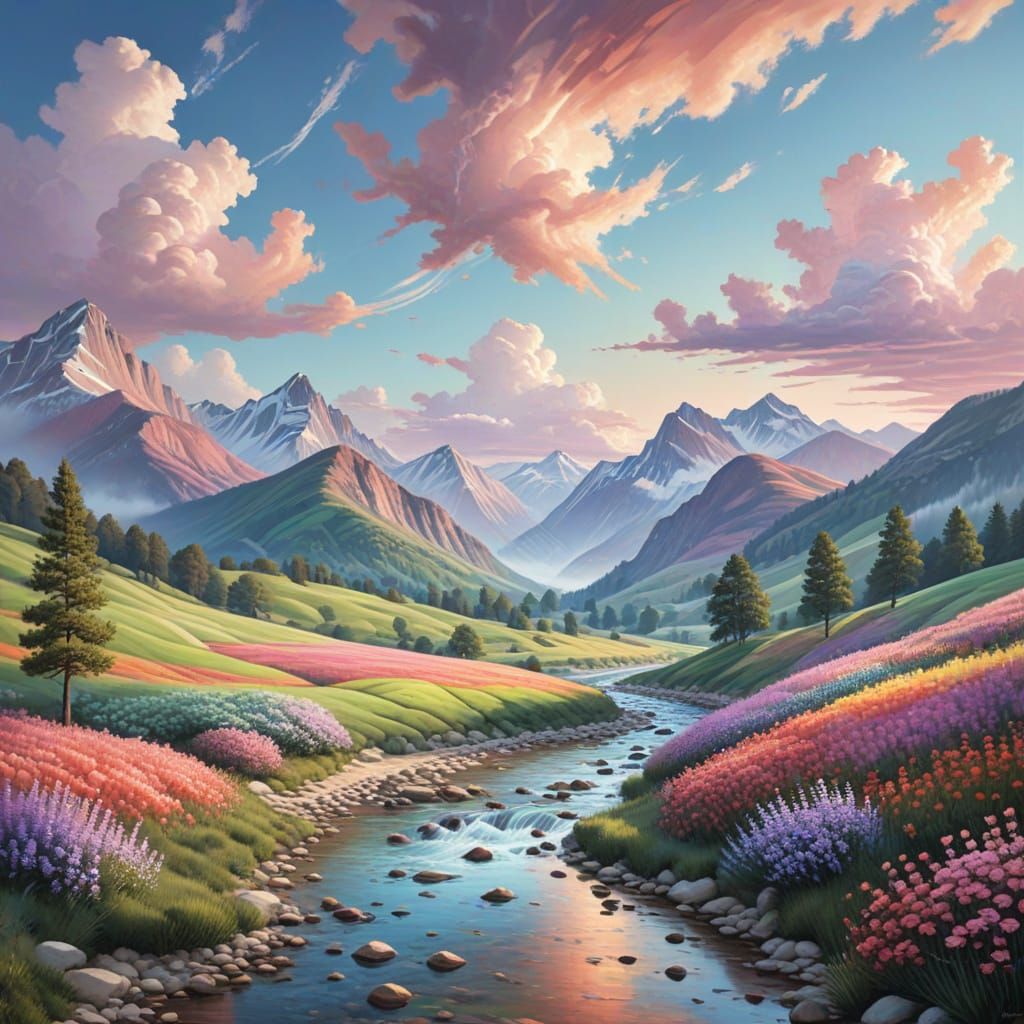 Vibrant Gingham Dreamscape with Rolling Hills and Towering M...