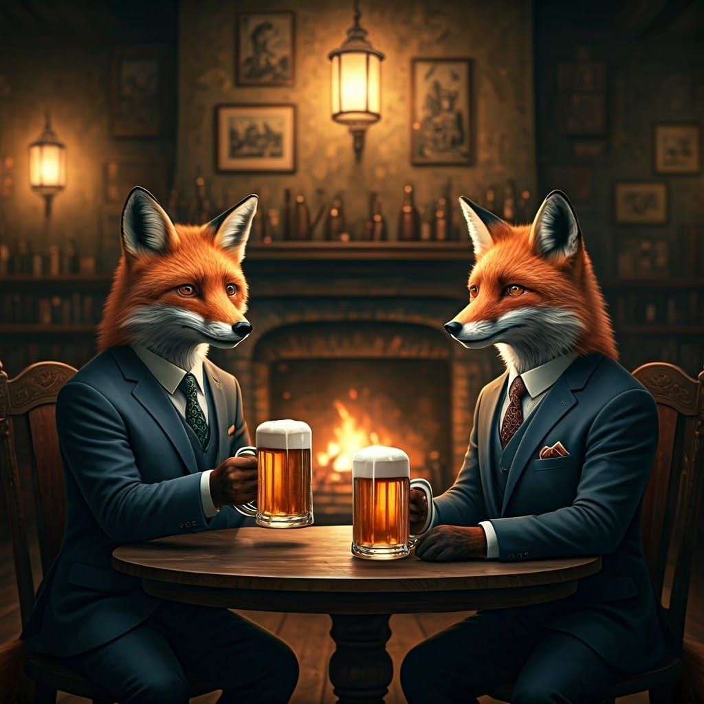 Foxes Toasting Beer in Nostalgic Pub, Matte Painting