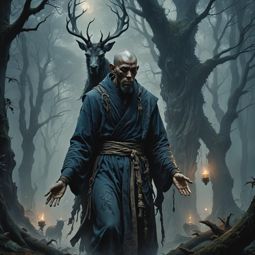 Monk with Wendigo Tattoo Praying in Misty Forest