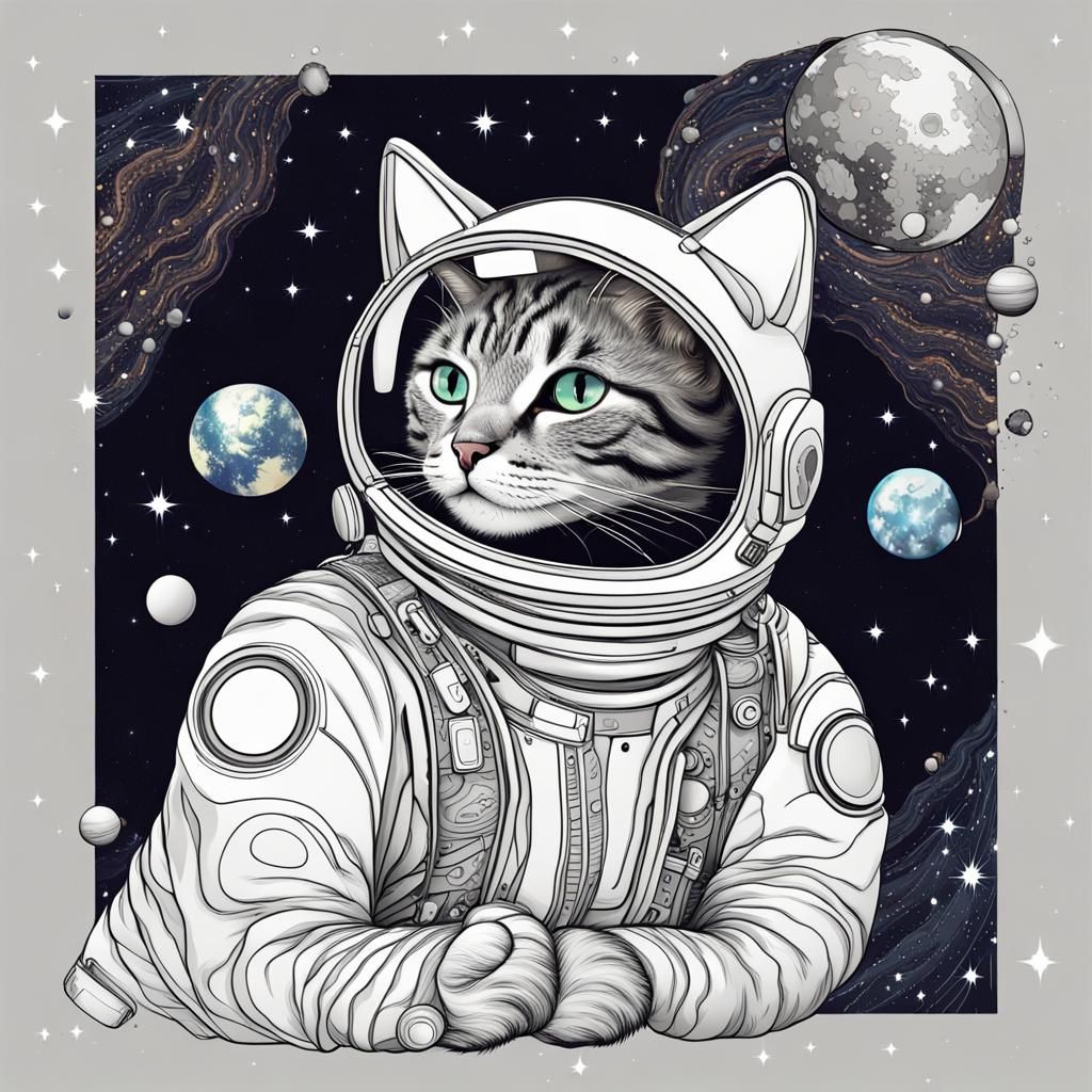 Space Cat in Suit Floating Among Stars