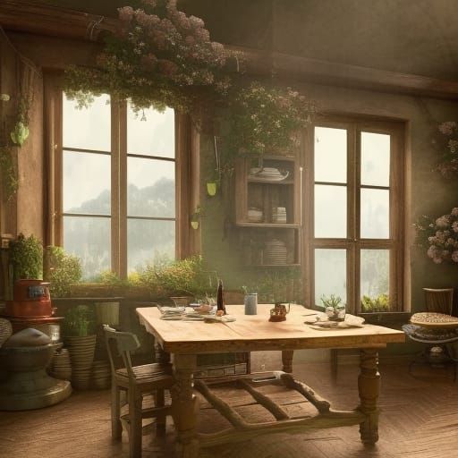 Farmhouse Kitchen with Wildflowers: Digital Matte Painting
