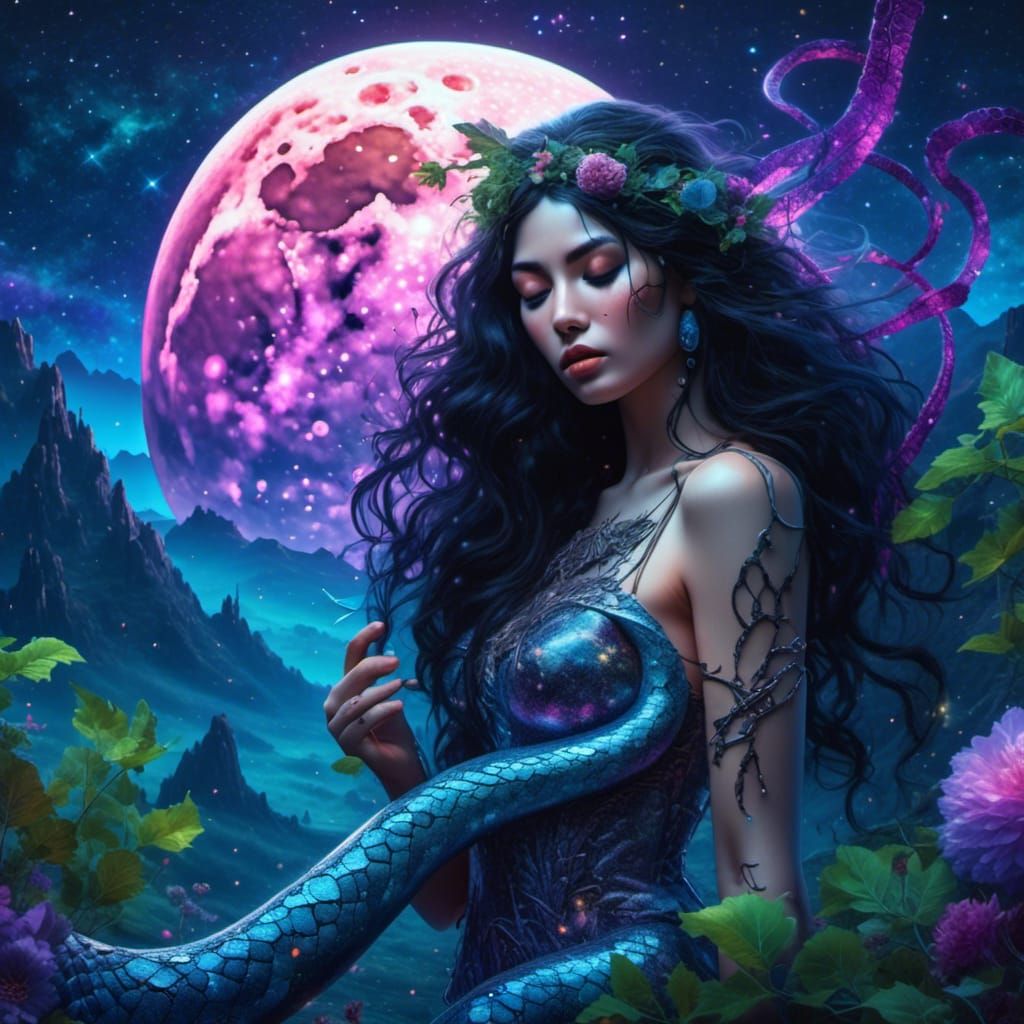 Goddess with Snake Under the Moon