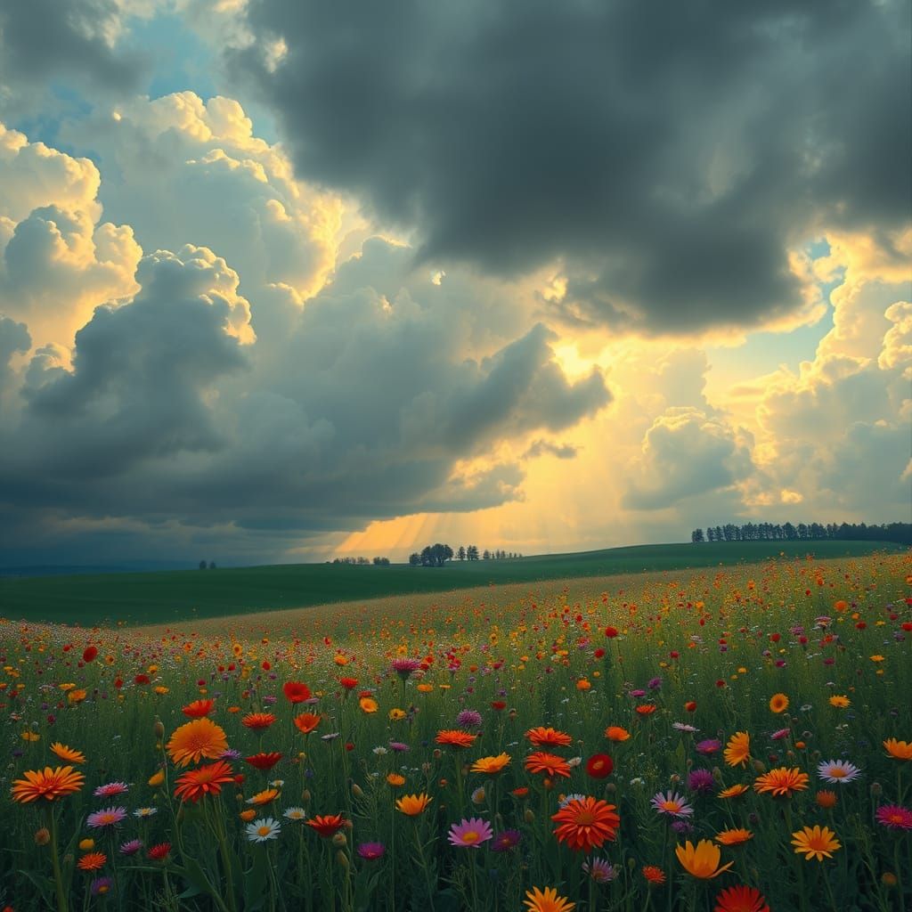 Meadow of Flowers Under Stormy Sky: Impressionistic Style