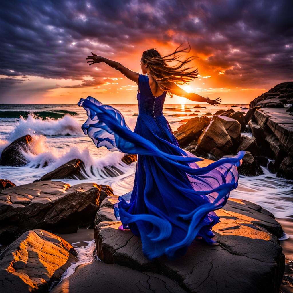 A girl dancing back face  on the big stone at the beach. The...