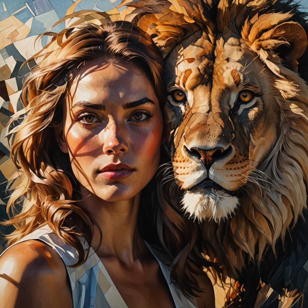 Cubist Portrait of Girl and Lion in Sunlight