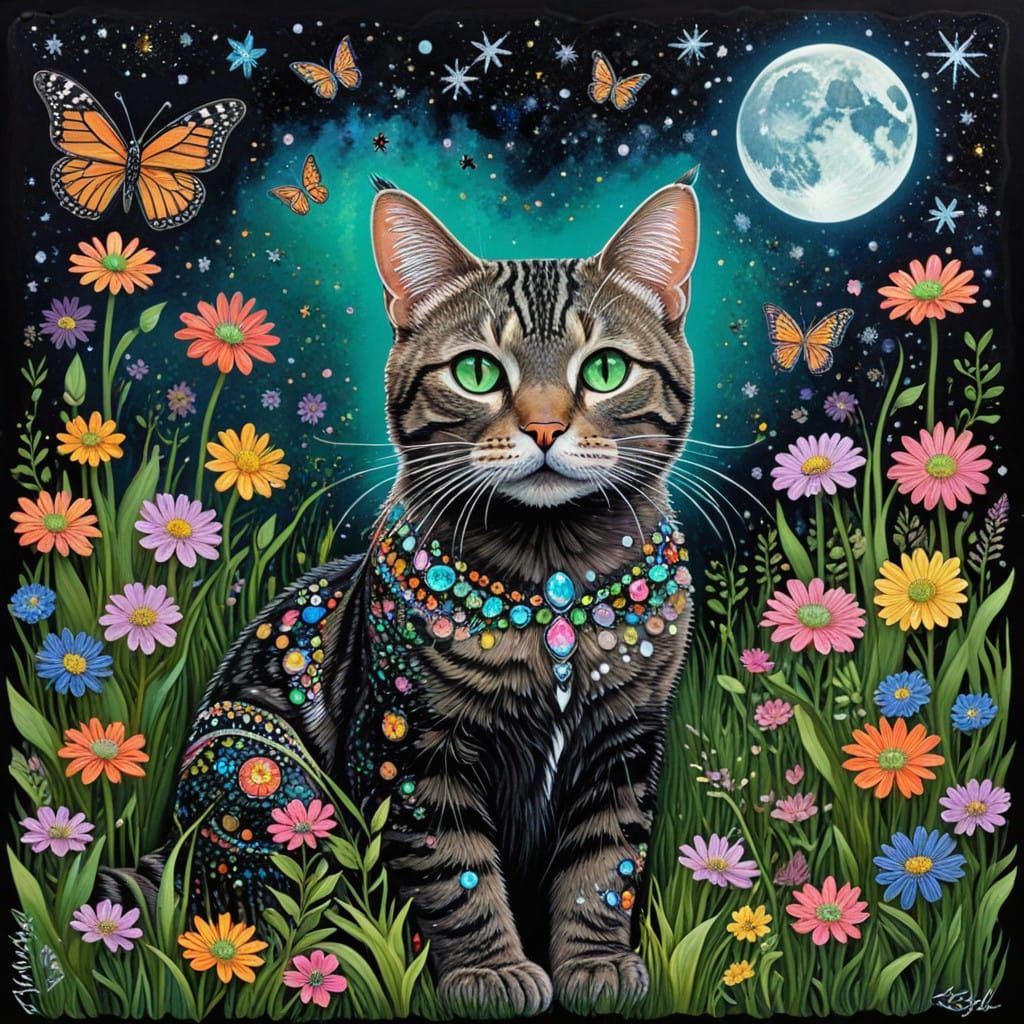 Whimsical Cat in a Field of Wildflowers