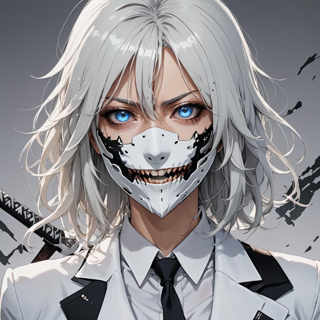 Anime Woman with Katana and Cracked Mask