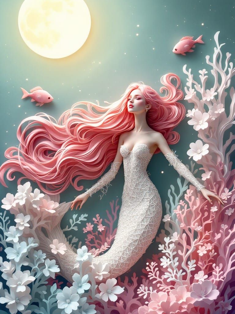 Mermaid in Papercraft Style with Flowing Pink Hair