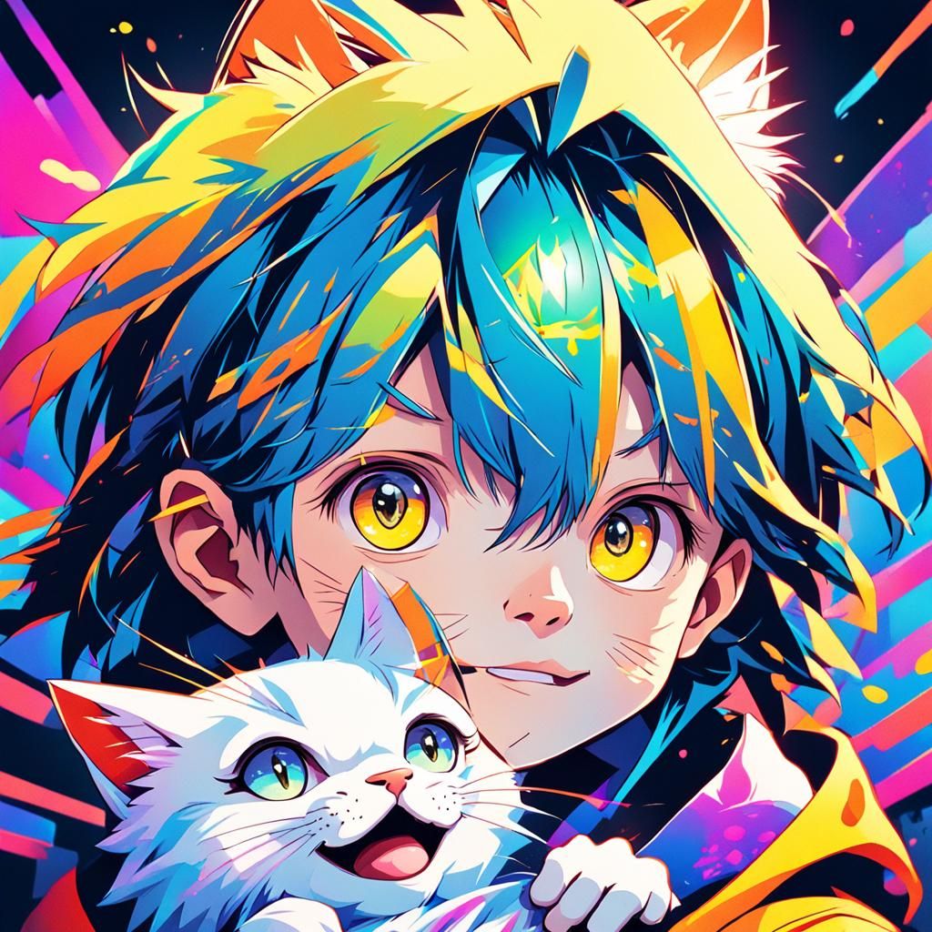 Vibrant Anime Style Portrayal of Odd-Eyed Kid Holding Odd-Ey...