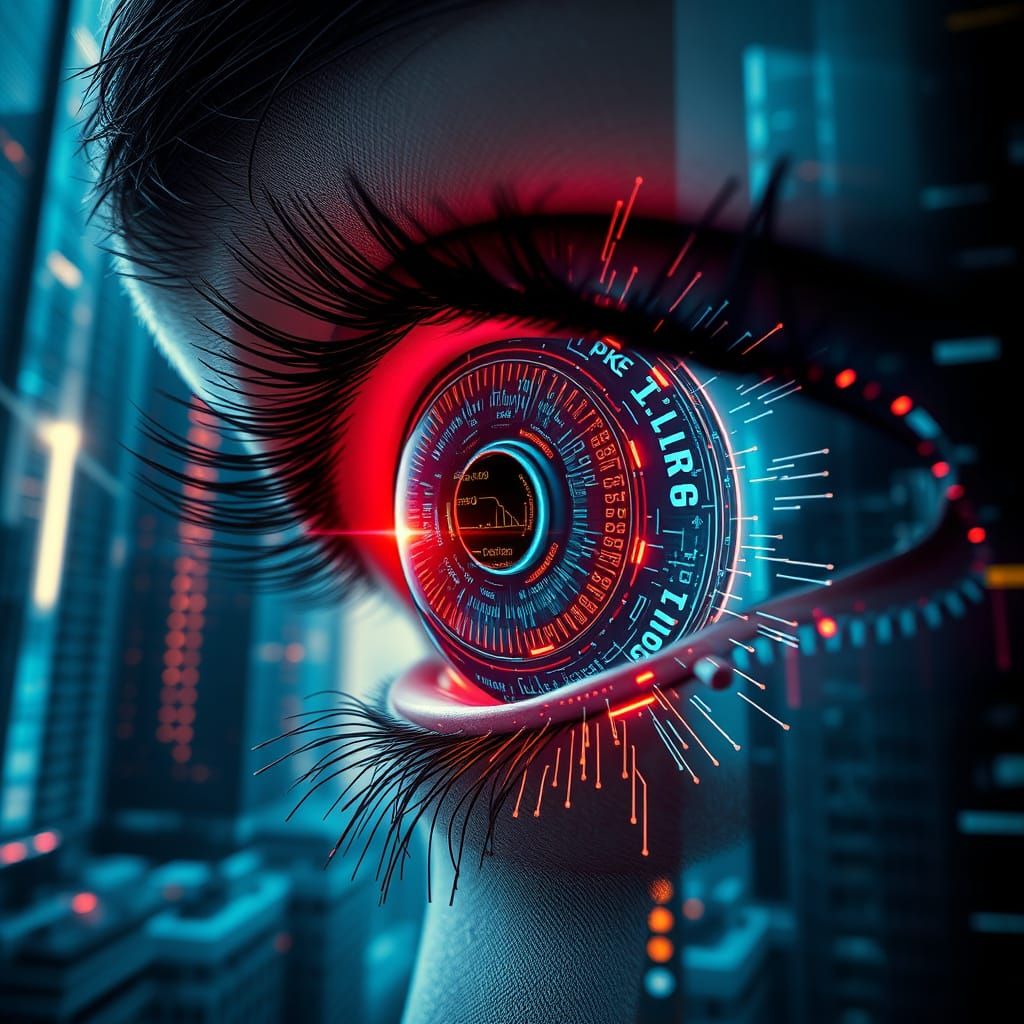Cybernetic Eye Implant in Futuristic Cityscape