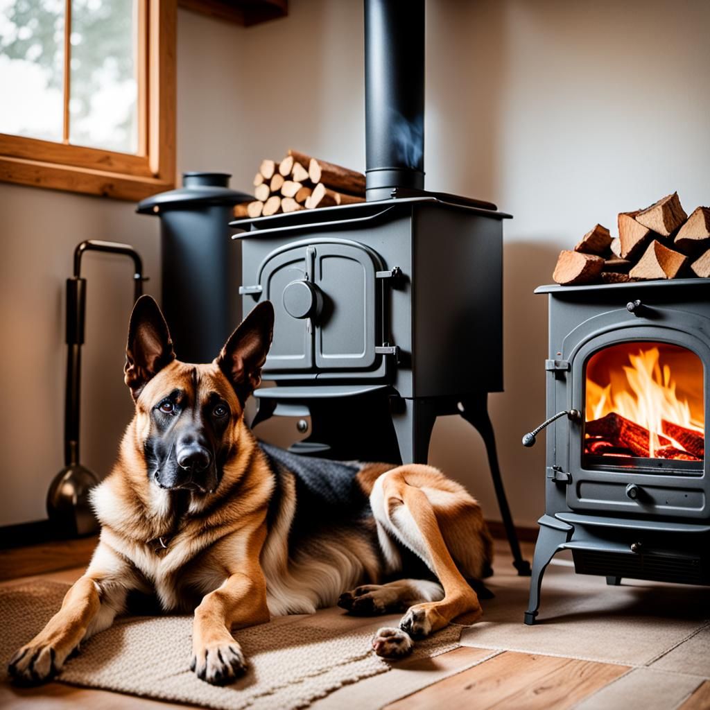 Cozy Scene: Woman, Dog, and Crackling Wood Stove