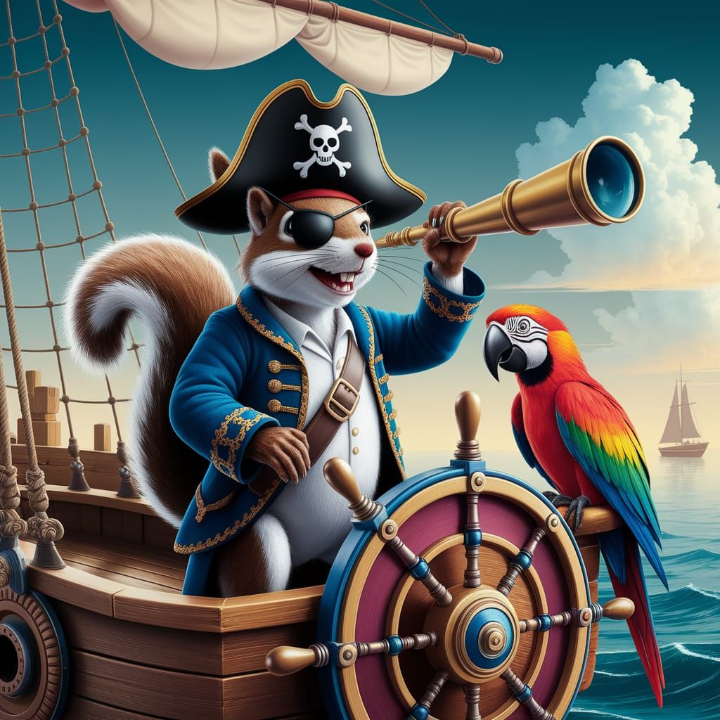 Pirate Squirrel Captain at Helm, Digital Art