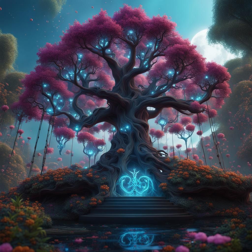 Magical Tree of Life with Neon Flowers