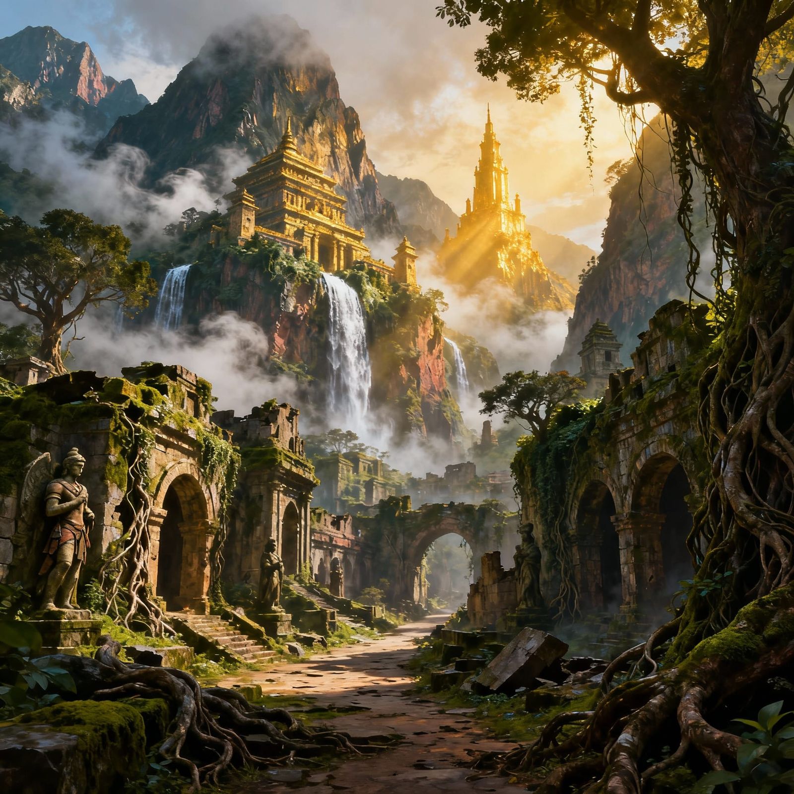 Ancient Mountain City Ruins with Waterfalls in Fantasy Conce...