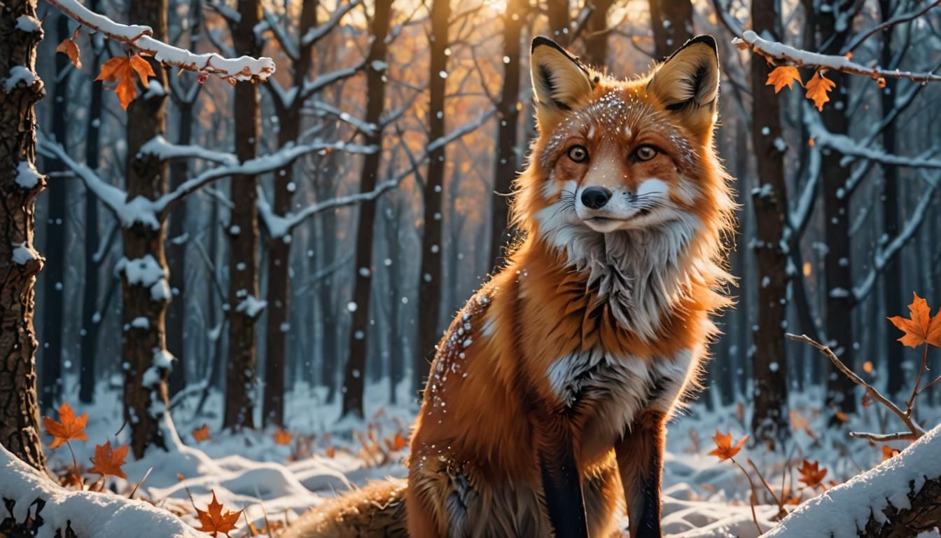 Fox in Snowy Autumn Forest: Digital Matte Painting
