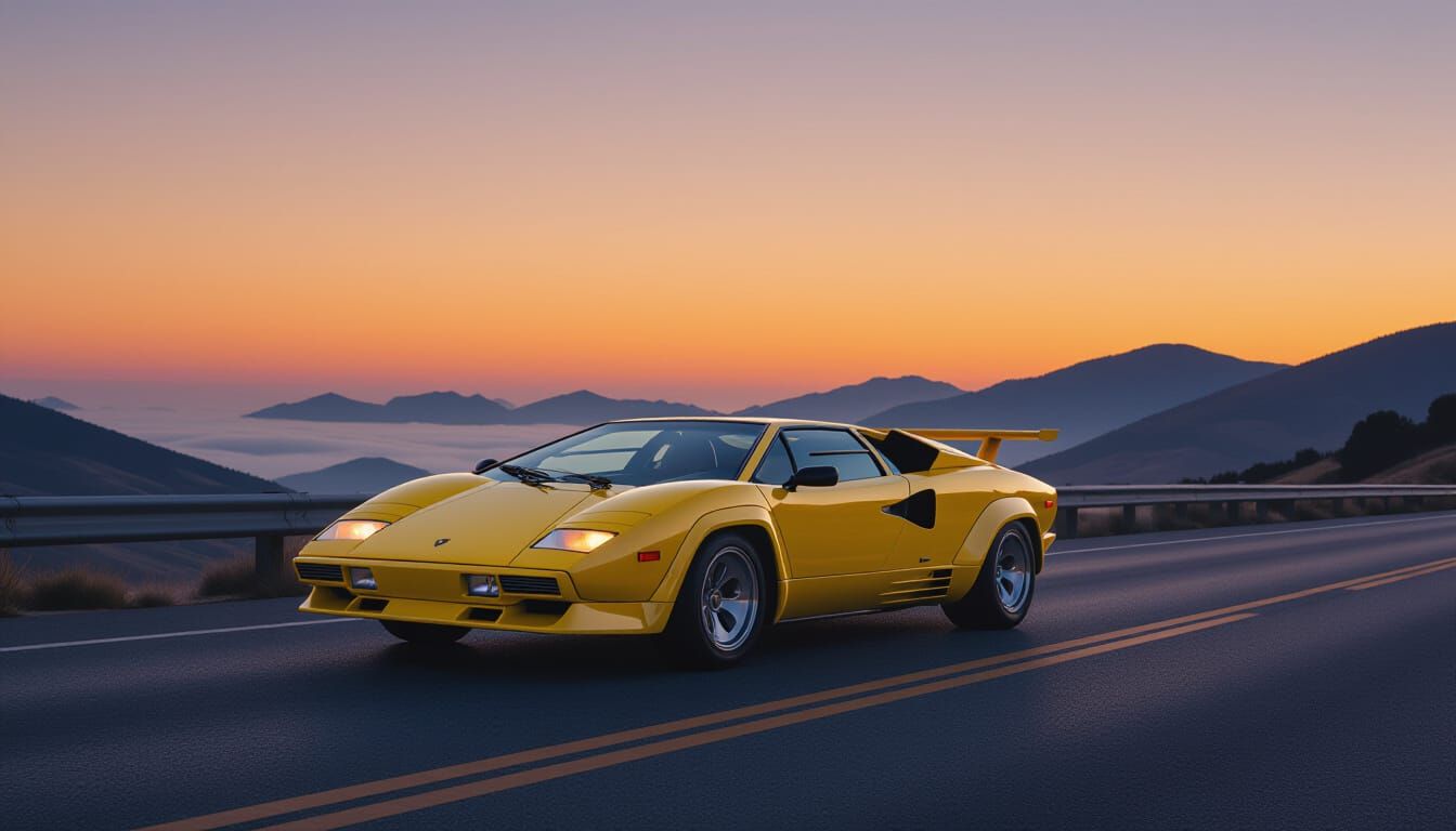 Yellow Lamborghini on Deserted Highway at Dusk