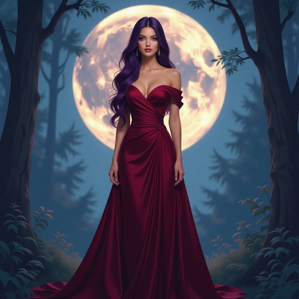 Woman in Crimson Dress in Moonlit Forest
