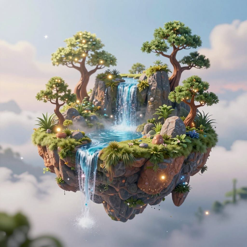 3D Floating Island with Waterfalls and Magical Lights