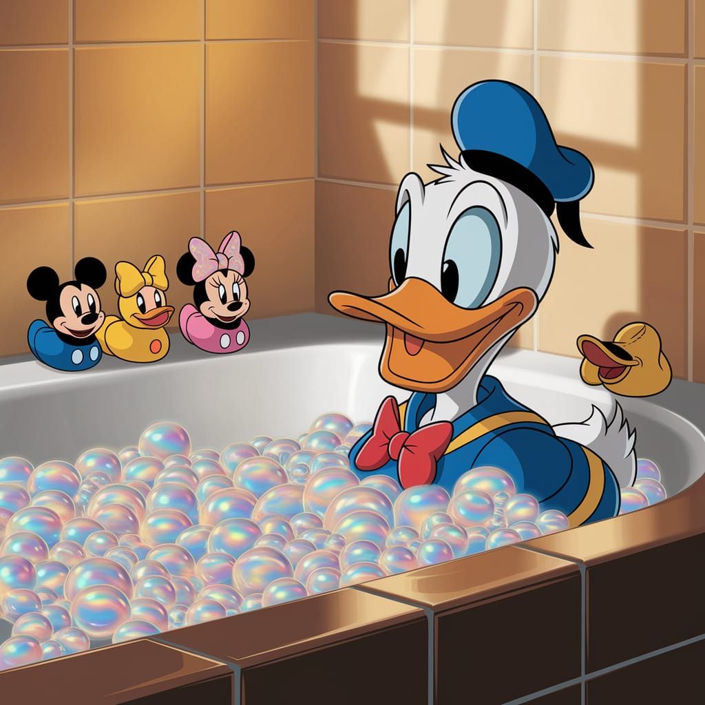 Donald in a Warmly Lit Bathroom with Rubber Duckies