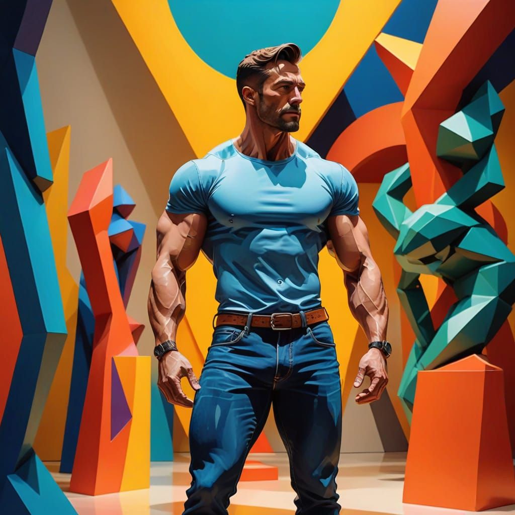 A beautiful shirtless beefcake in jeans peeking playfully be...