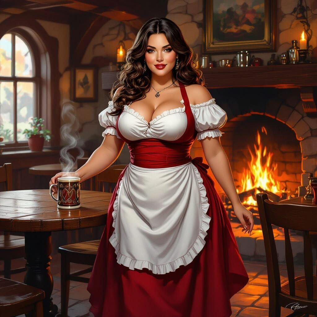 Fantasy Tavern Scene with Barmaid in Frazetta Style