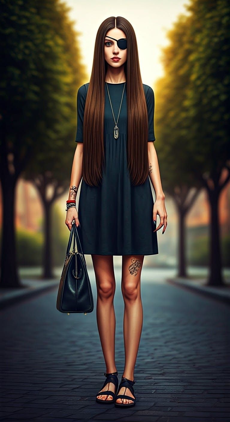 Hyperrealistic Woman with Eyepatch on City Street