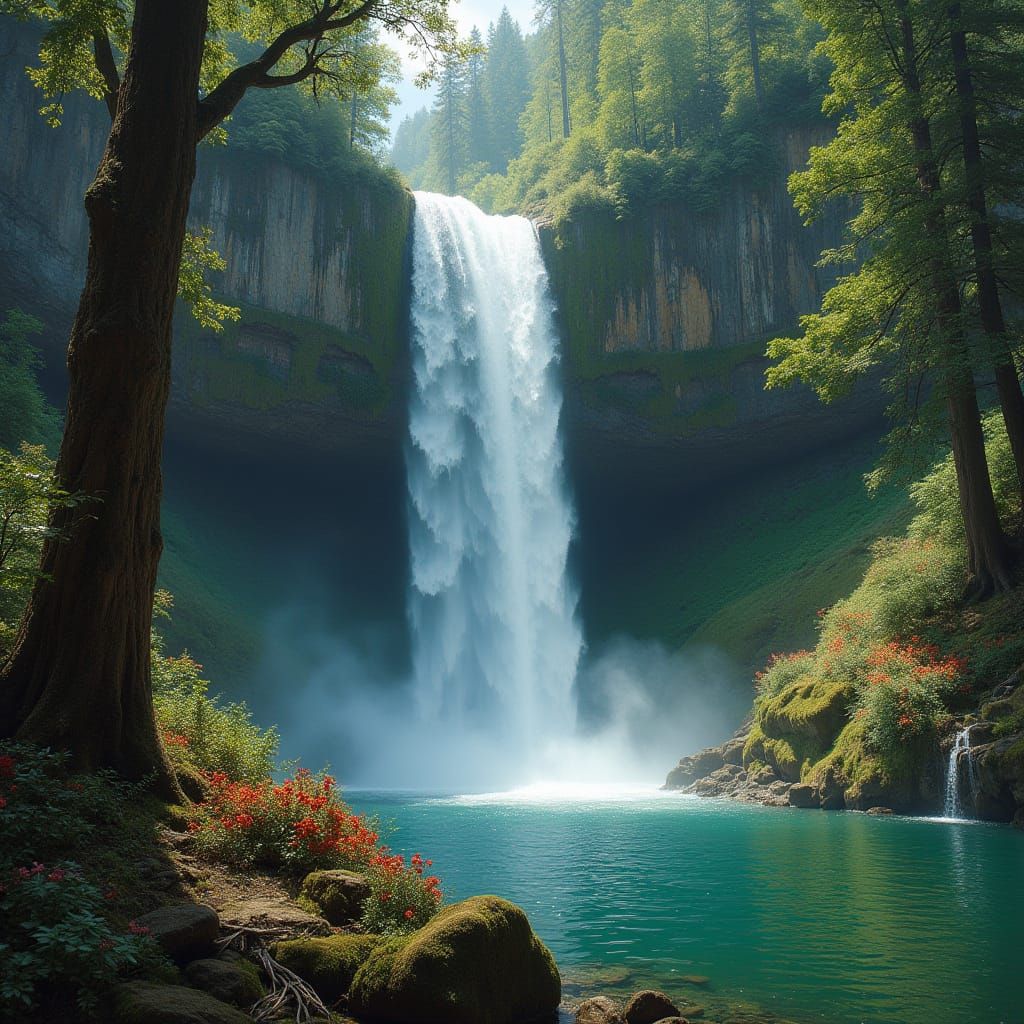 Majestic Waterfall in a Secluded Lush Valley