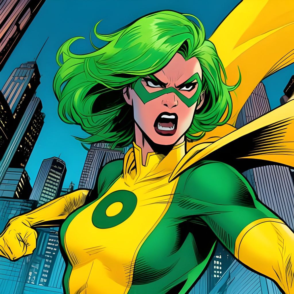 Superheroine with Green Hair in Dynamic Cityscape Art