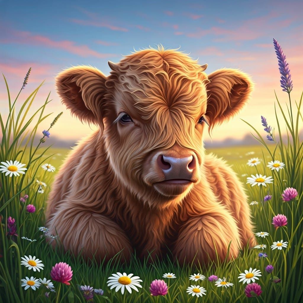 Highland Calf Asleep in Twilight Meadow