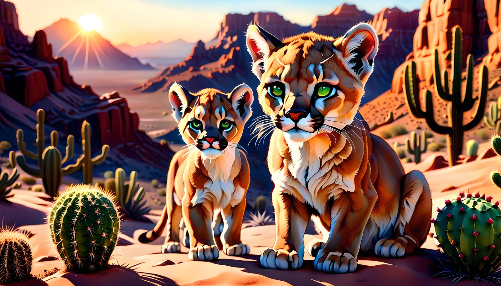 Desert Canyon Sunset with Baby Puma, Hyperdetailed Art